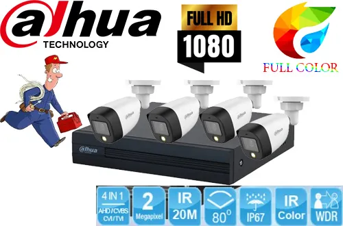 bộ camera giám sát dahua với độ phân giải 2.0mp, 1/2.8 inch CMOS, CVI/TVI/AHD/Analog, công nghệ full colo nhìn có màu vào ban đêm, Hỗ trợ chống ngược sáng thực WDR (130dB), chống bụi và nước IP67