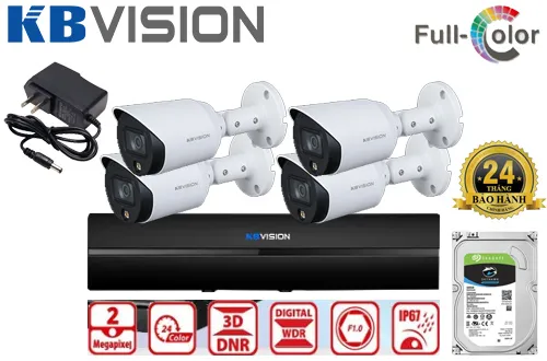 bộ camera giám sát kbvision với độ phân giải 2.0mp, CVI, TVI, AHD, Analog, với công nghệ full color ban đêm, chống bụi và nước IP67